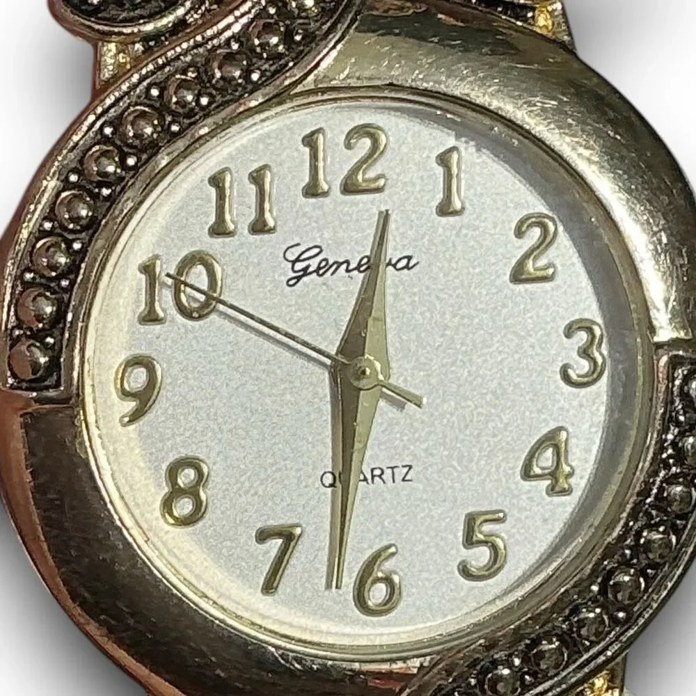 Y2K Vintage Gold Tone Round Face Bangle Cuff Bracelet Watch